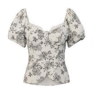 Boho Peasant Floral Puff Sleeve Lace Trim Blouse - Black and White Woman Large